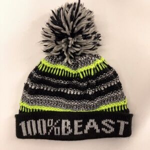 100% Beast Youth Winter Pom Pom Hat Gray Black Neon 8+ L/XL Place